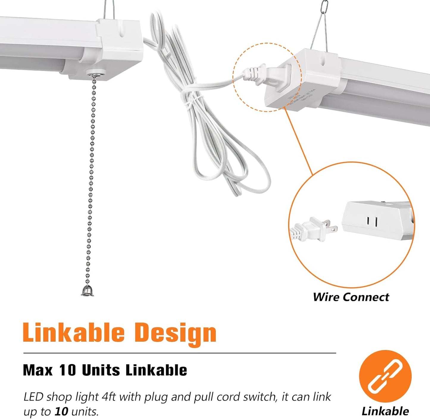 4FT Linkable LED Shop Light for Garages, 42W 4800LM 5000K Daylight Led Shop Lights, Ceiling Light with Pull Chain (ON/Off), Linear Worklight Fixture with Plug, 2 Pack