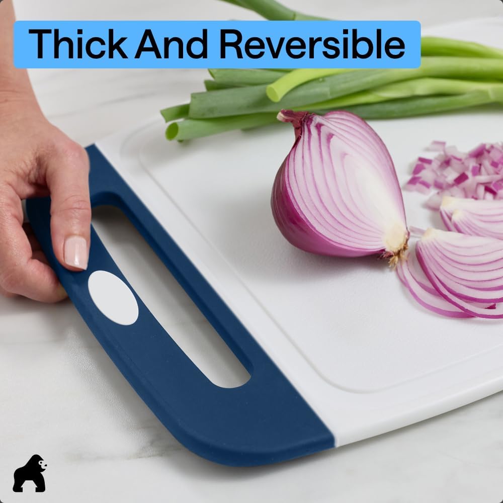 GORILLA GRIP BPA-Free Reversible Kitchen Cutting Board Set of 3, US Designed, Nonporous, Juice Grooves Catch Liquid, Slip Resistant Border, Dishwasher Safe, Durable Large Food Chopping Boards, Blue