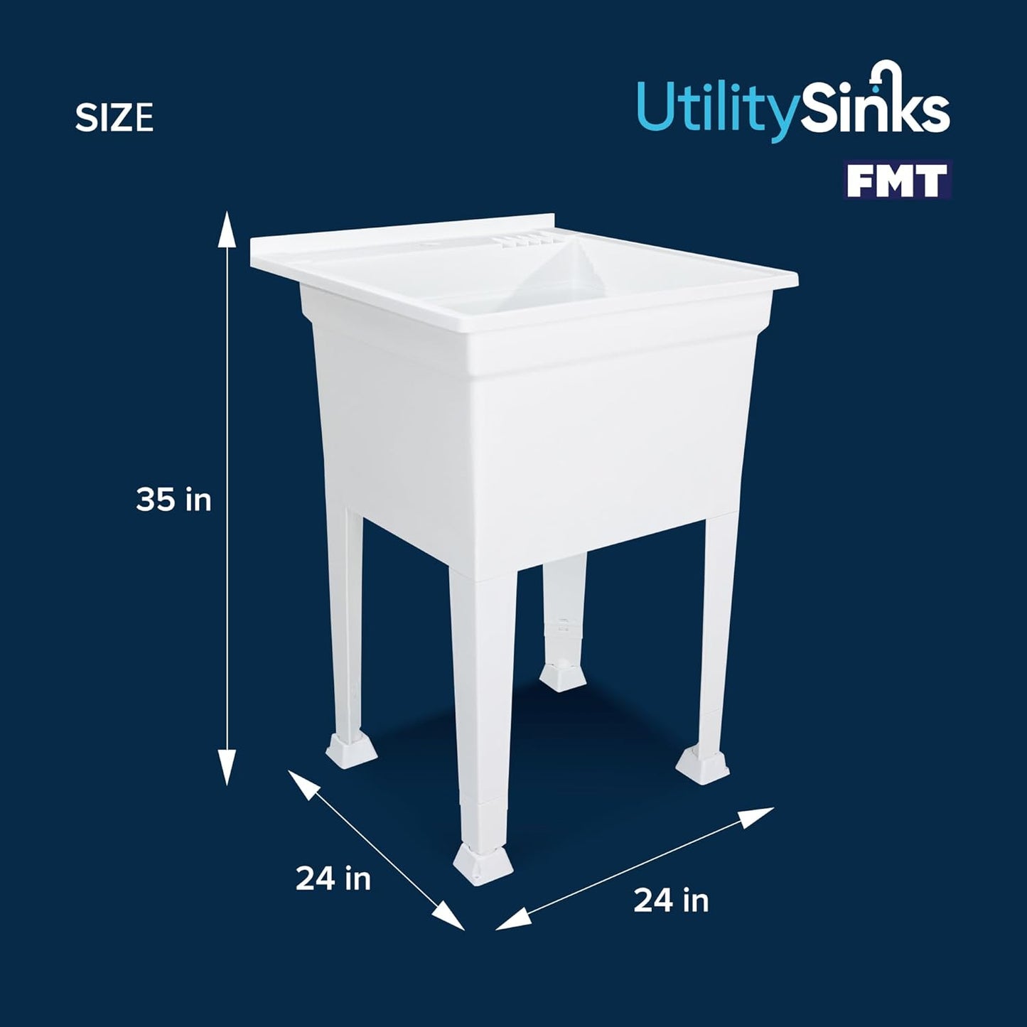 Utility Sink Heavy Duty Freestanding Utility Tub Sink with Drain Plug, Adjustable Floor Levelers & 5 Step Installation Process, 24 x 24 Inches, White