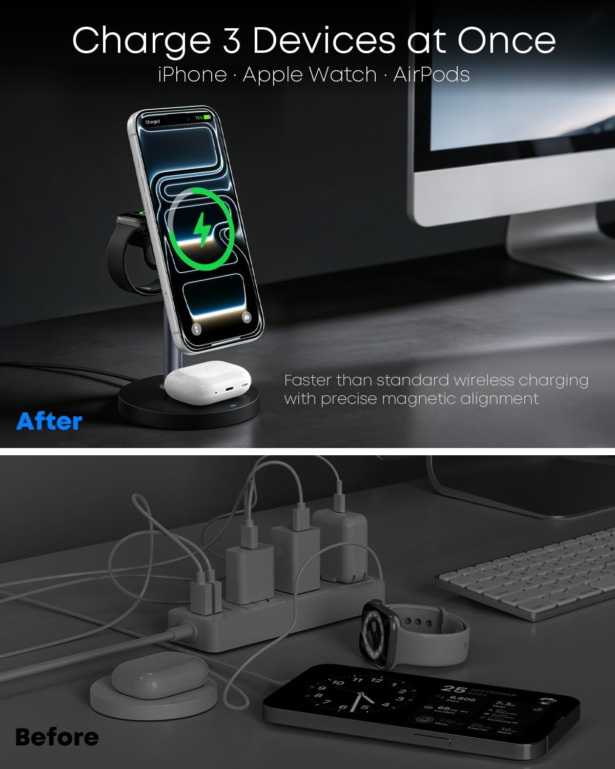 3 in 1 Magnetic Wireless Charging Station, 15W Charger for iPhone, Black | Compatible with iPhone 12-17 Series, Apple Watch & AirPods, Charges 3 Devices Together, 18W Adapter Included, 3-Year Warranty