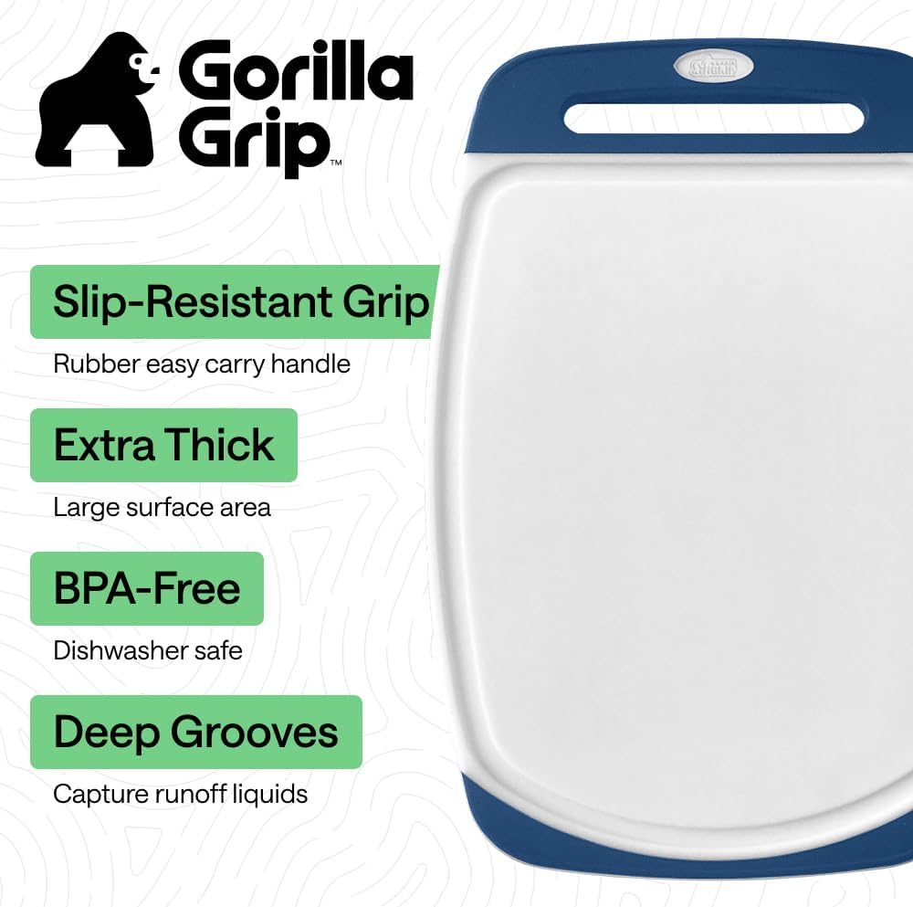 GORILLA GRIP BPA-Free Reversible Kitchen Cutting Board Set of 3, US Designed, Nonporous, Juice Grooves Catch Liquid, Slip Resistant Border, Dishwasher Safe, Durable Large Food Chopping Boards, Blue