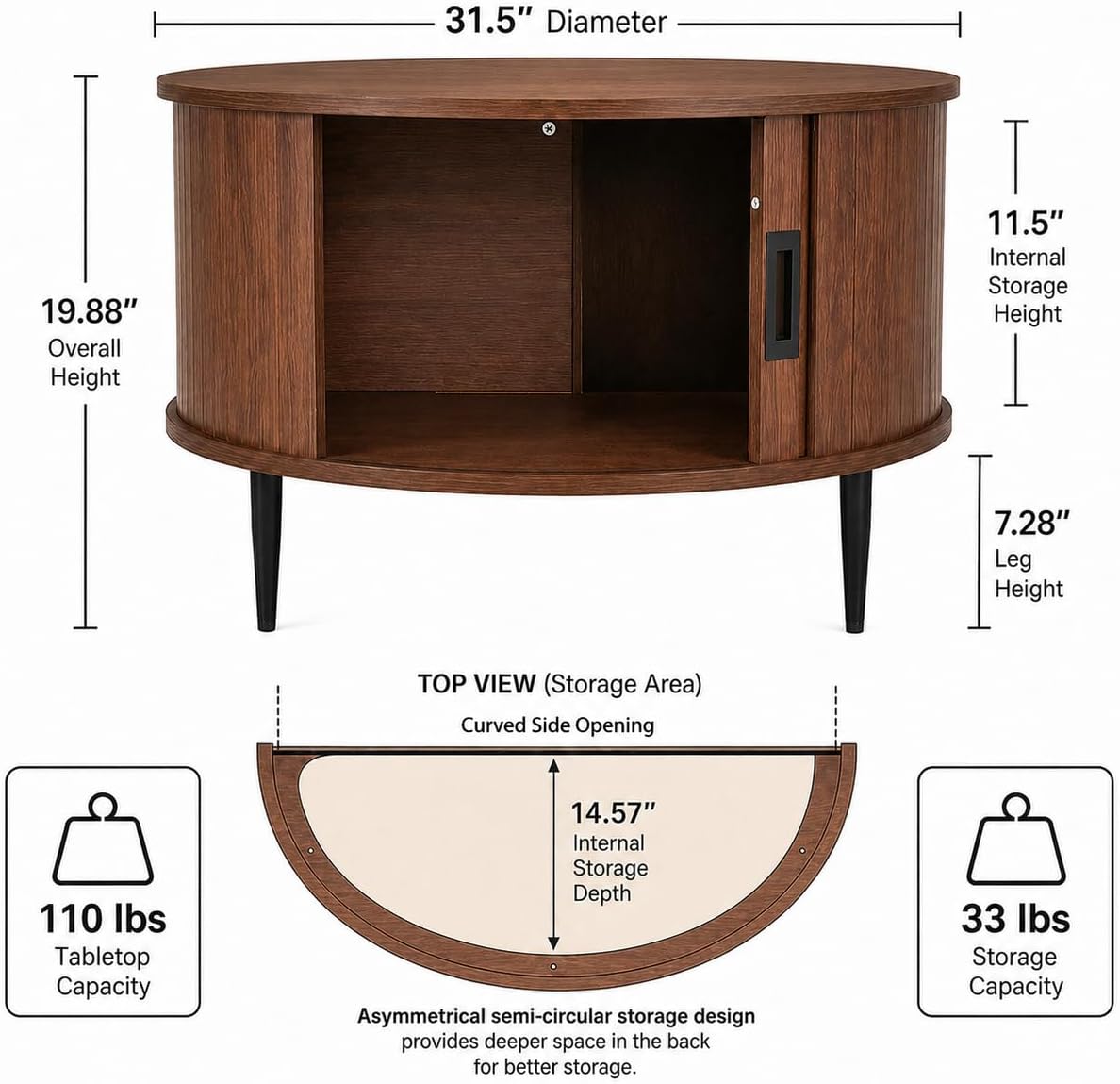ARTPOWER 31.5" Round Coffee Table with Storage Mid Century Brown Walnut