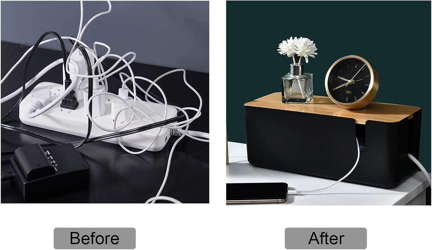 Changsuo Cable Management Box with Bamboo Lid Small Cable Organizer Box for Extension Cord Power Stripe Surge Protector Wire Management Concealer Organizer Cover Hider (Black)