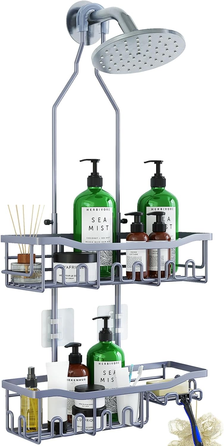 Upgraded Extended Length Shower Organizer with Hooks, Rustproof Shampoo Soap Holder, Large Hanging Bathroom Caddy