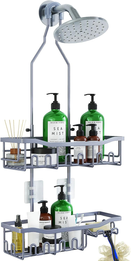 Upgraded Extended Length Shower Caddy Over Showerhead No Blocking to Showerhead, Rustproof Bathroom Organizers and Storage with Hooks Shampoo Soap Holder, Large Hanging Caddy, Grey