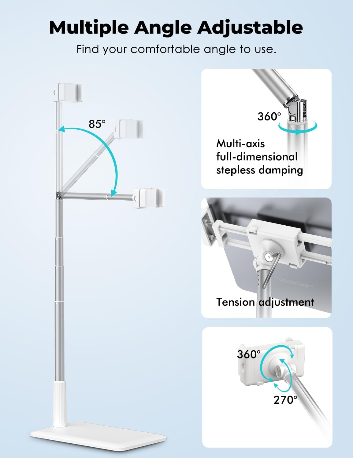 Viozon Tablet Floor Stand-Flexible Long Arm Tablet&Phone Holder,360° Angle Adjustable,Aluminum Alloy,Bedside,Sofaside,Desk,Compatible with 3.5-11 inches iPad,Kindle, iPhone 16 15 Plus/Pro Max -White