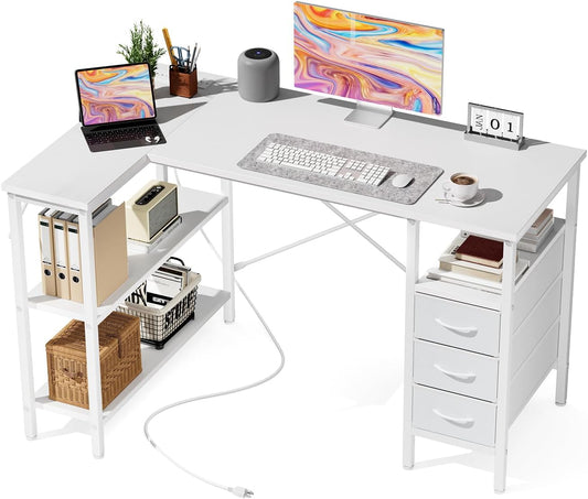 DUMOS L Shaped Desk with Shelf Drawers 47 Inch, White Corner Computer Desks Gaming with Power Outlet, Study Table with Adjustable Shelves, Home Office Tables for Bedroom Teacher Reading Writing