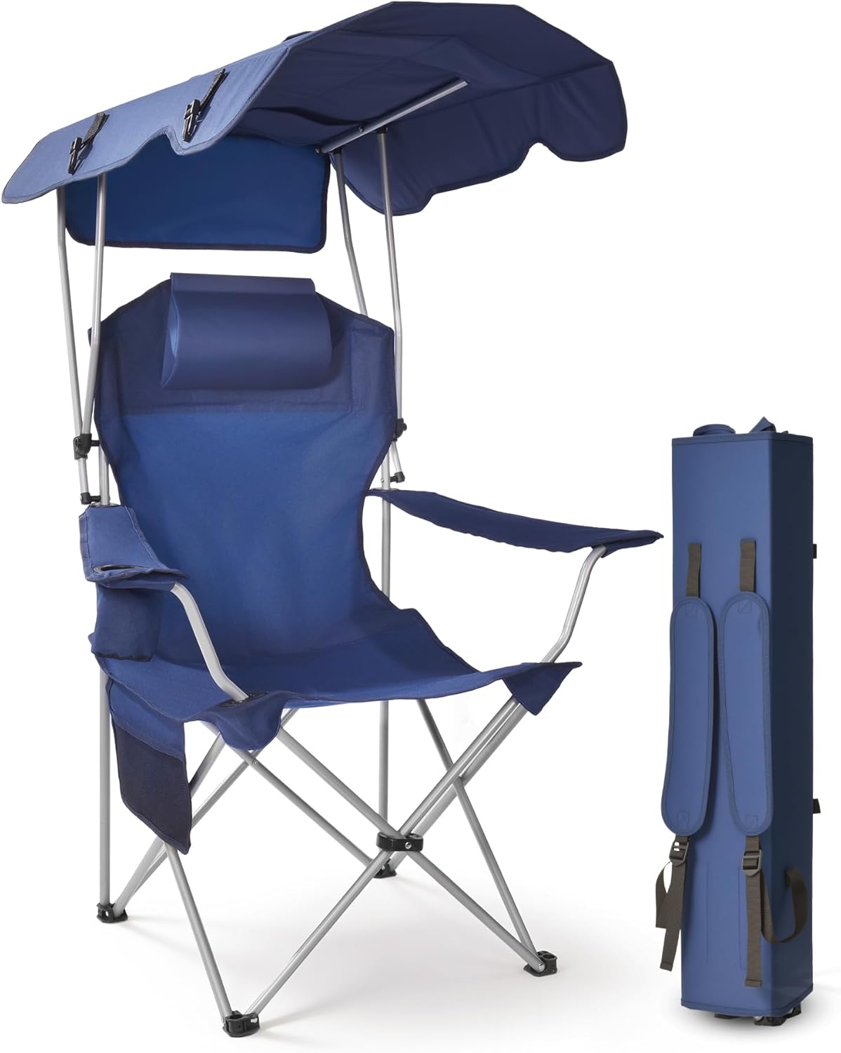 East Oak Camping Chair with Canopy | 25" High Back Folding Beach Chair with Canopy Shade, Supportive Headrest, Cup Holder, Side Pocket, 330 lbs Canopy Chairs for Outdoors Sports