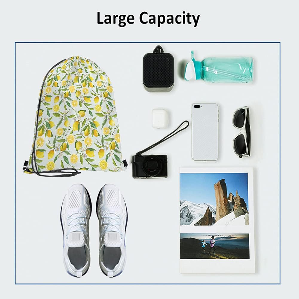 Lemon Drawstring Bags Summer Lemon Fruits Tree Branches Leaves White Little Flower Yellow Green Sport Gym Sack Drawstring Backpack for Men Women
