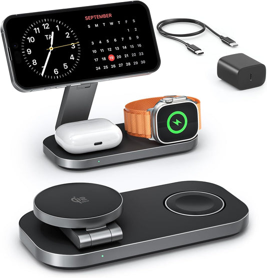 3-in-1 Charging Station for Apple Device, Qi2 25W Certified Magnetic Wireless Foldable Fast Charger Stand Compatible with MagSafe for iPhone 17e/17/16/15/14/13/12/Air Series, Apple Watch & AirPods