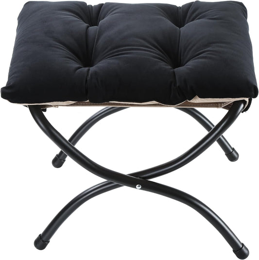 15" Upholstered Folding Foot Rest Stool with Foldable Metal Frame Black