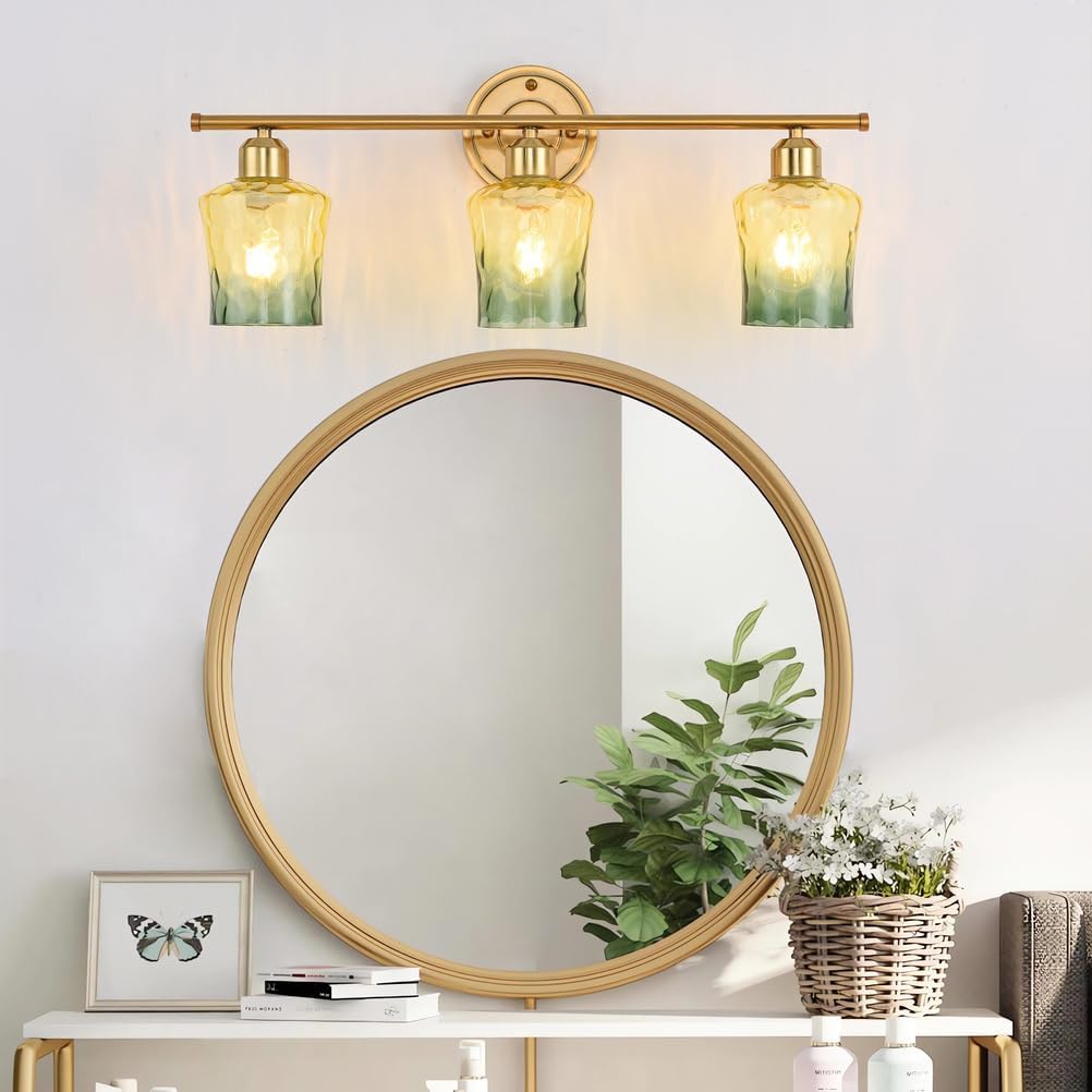 Modern 3-Light Glass Bathroom Light Over Mirror, Gold Vanity Light with Yellow Green Gradient Glass Shade, E26 Bathroom Vanity Light, for Kitchen, Hallway, Cabinet, Bedroom, Living Room
