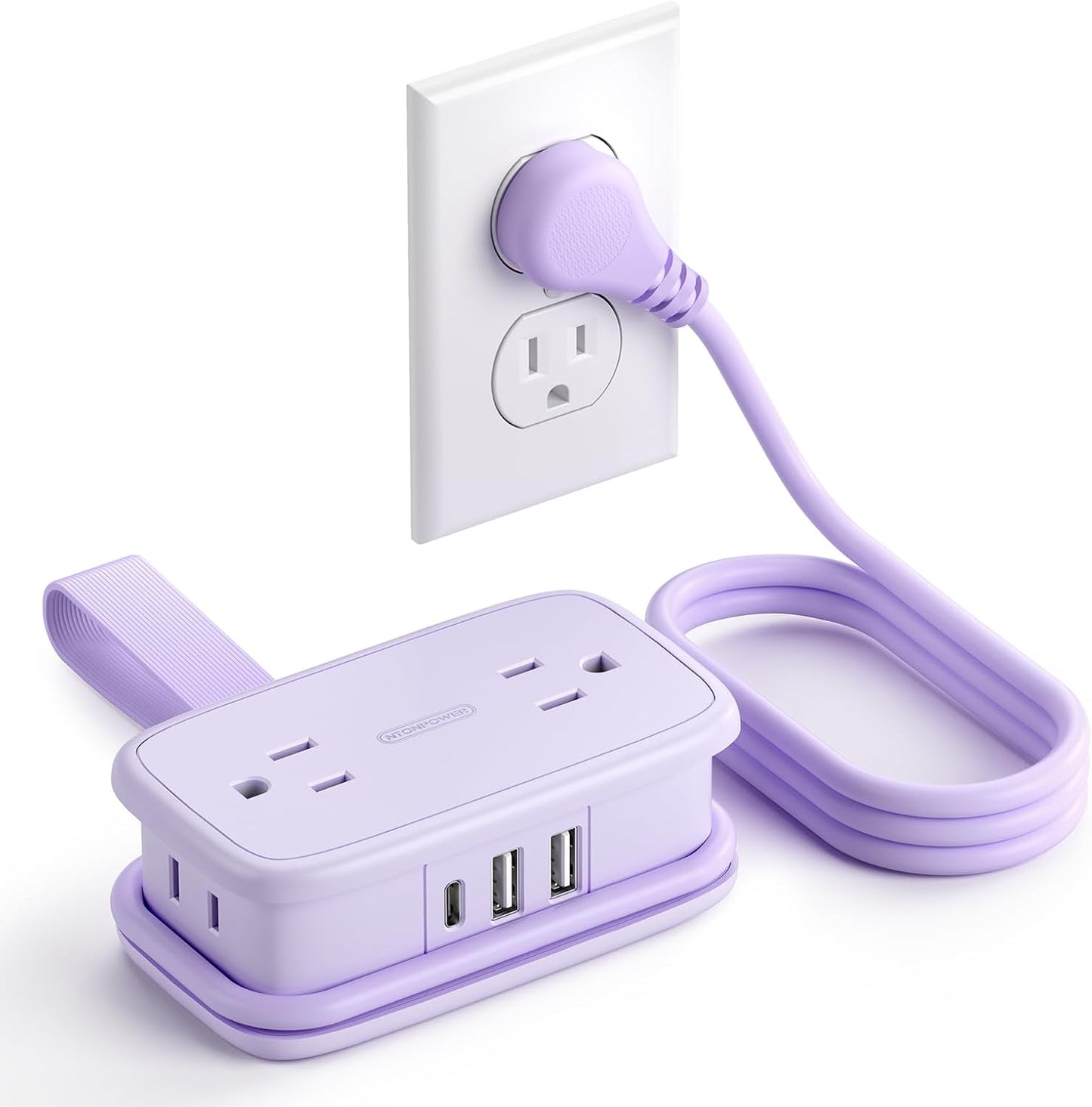 NTONPOWER Purple Travel Power Strip,Travel Essentials 4 Outlets 3 USB(1 C) with 4FT Wrapped Extension Cord Flat Plug, Cruise Essentials 2026 for Hotel Travel Cruise Essentials