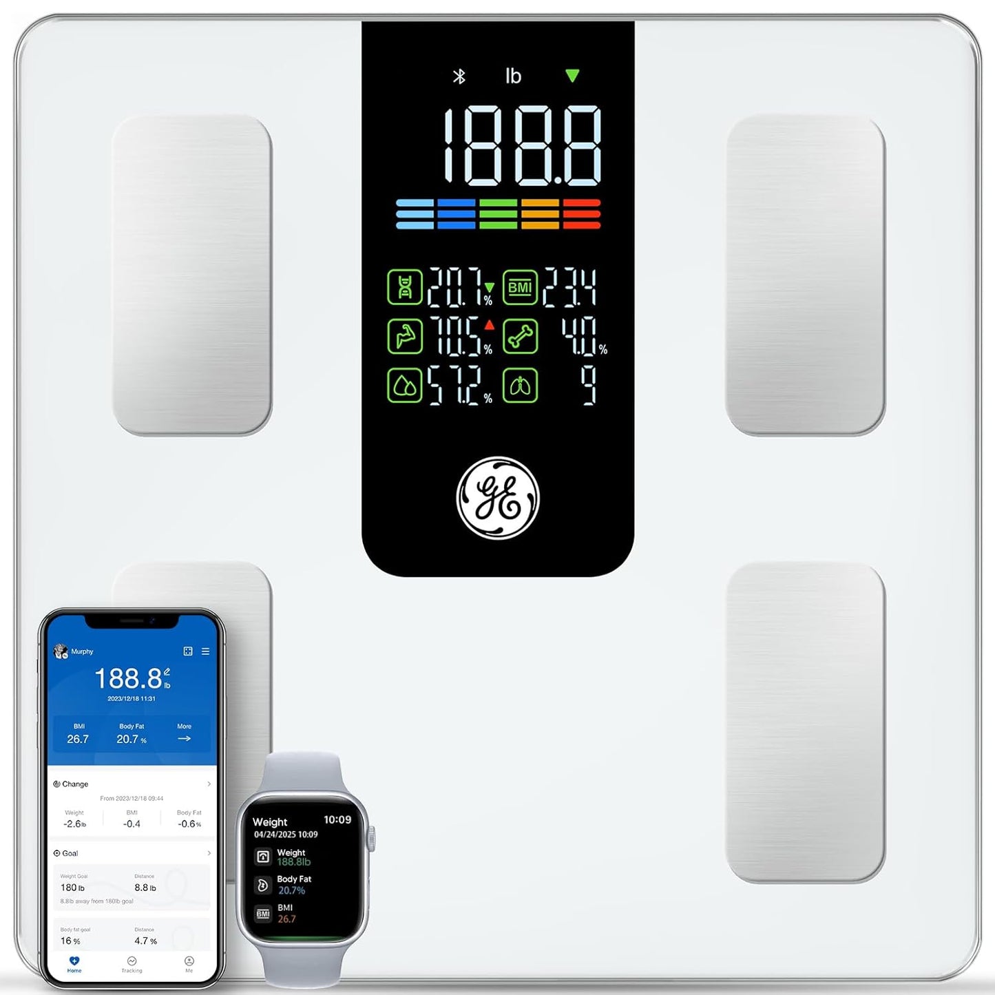 GE Smart Scale for Body Weight, BMI, Fat, Muscle Mass, Digital Bathroom Scales 500lbs Bluetooth 11.8" Large Platform Weighing Machine Health Monitor with App, Dark Blue