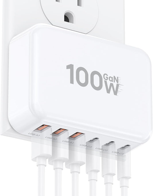 Fast Charger Block, GaN 6 Port USB C Charging Station Hub Cube, 100W Multiport Type C Wall Charger Power Strip Plug with PD 3.0+QC for iPhone13 14 15 16 17 Pro Max XR XS 8 7, Samsung, iPad, Table