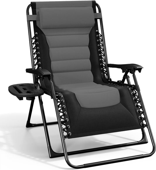 Nestl Outdoor Padded Zero Gravity Chair, Patio Lounge Chair Outdoor Recliner, Oversized Anti Gravity Lounger with Adjustable Headrest and Cup Holder, Foldable for Camping, Yard - Black/Grey
