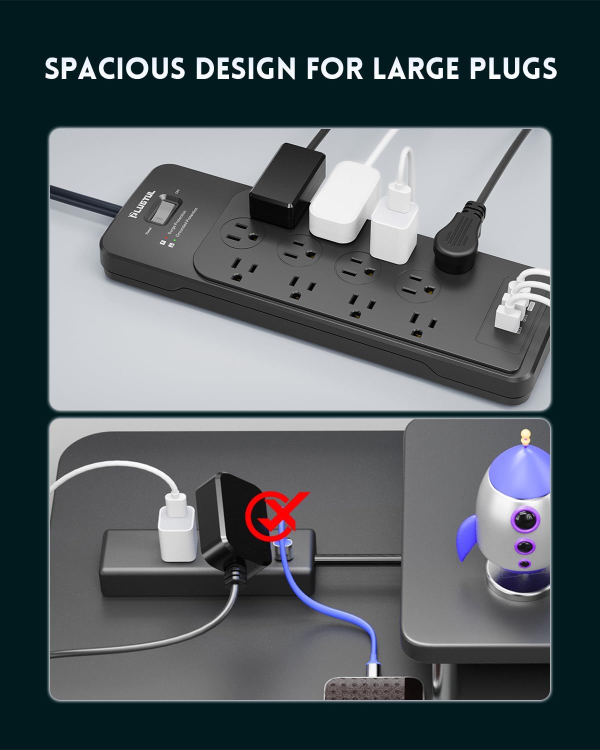 PLUGTUL Surge Protector Power Strip 25FT | Black Surge Protector with 12 Outlets - Spacious Design for Large Plugs, Flat Plug, 4080J, 20W USB C Charging, ETL Listed