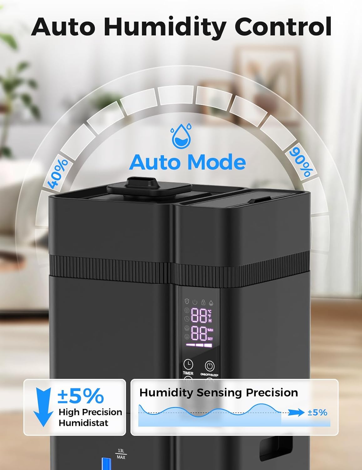13L/3.43Gal Humidifier Large Room, 800ft² Coverage, 100H Runtime, Auto Humidity Control, Top Fill, Humidifiers for Bedroom, 35dB Quiet, Sleep Mode, Aroma Diffuser, 24H Timer, Auto Shut-off Protection