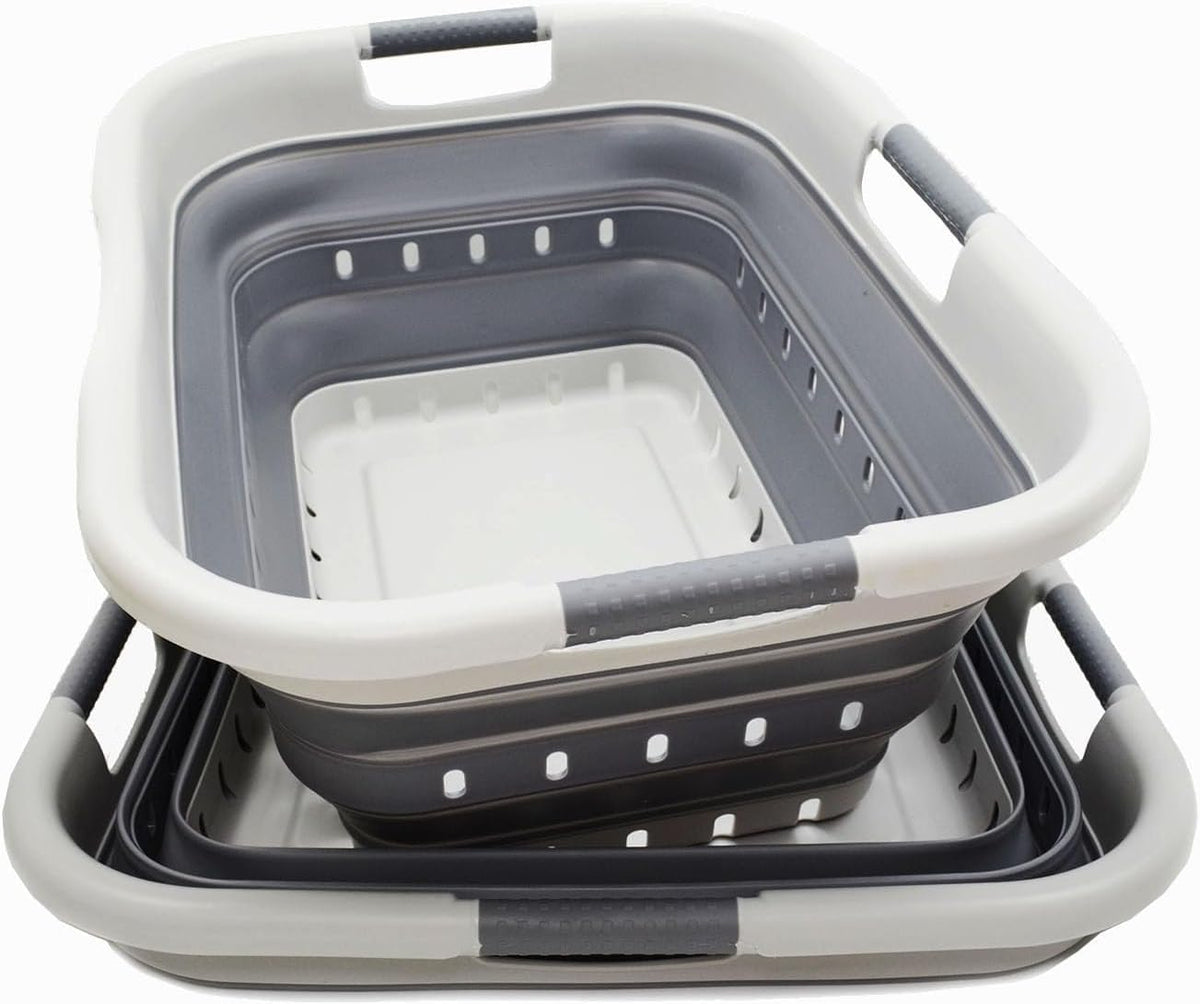 SAMMART 41L (10.8 gallon) Set of 2 Collapsible 3 Handled Plastic Laundry Basket-Foldable Pop Up Storage Container/Organizer-Space Saving Hamper/Basket (2, Grey/Grey)