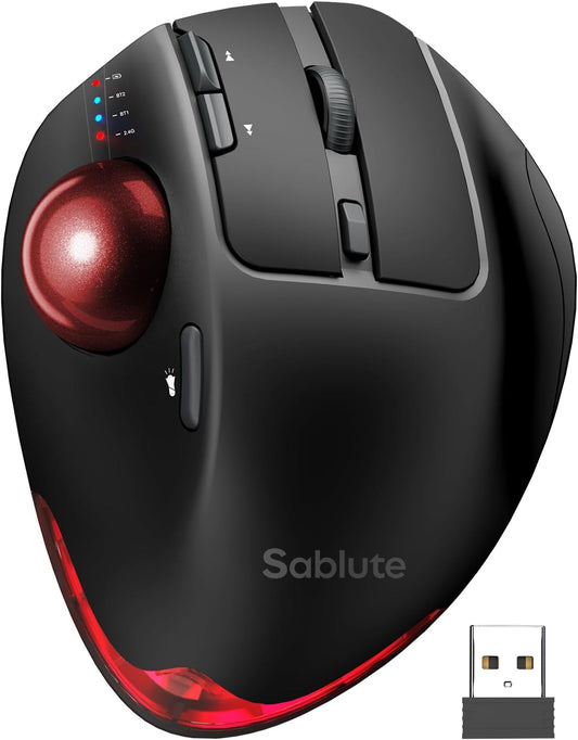 Wireless Trackball Mouse, Adjustable Angle, Rechargeable, Backlit-Red Ball