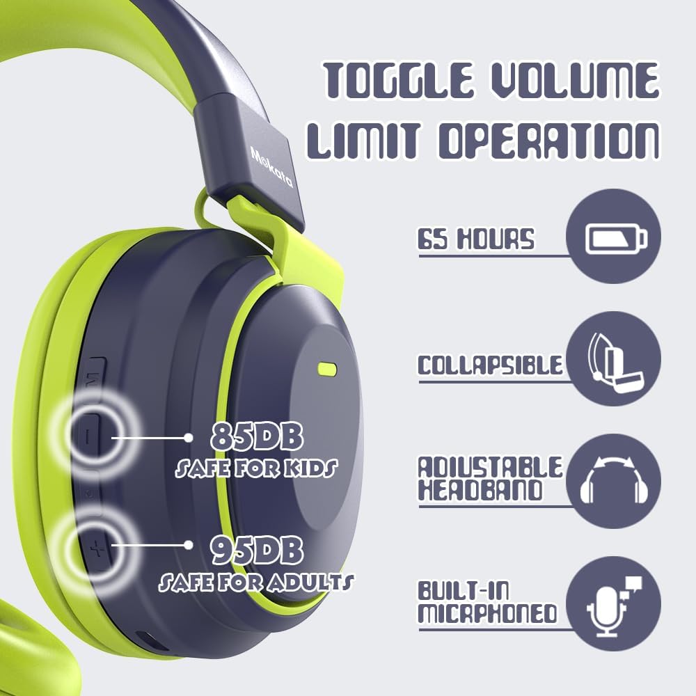 Mokata Kids Headphones Bluetooth 5.3 Wireless Lightweight Fast Charging 68 Hours Play Time Volume Limited 85/94dB Over Ear Foldable with Built-in Mic for Toddler Boy Tablet Pad Deepblue