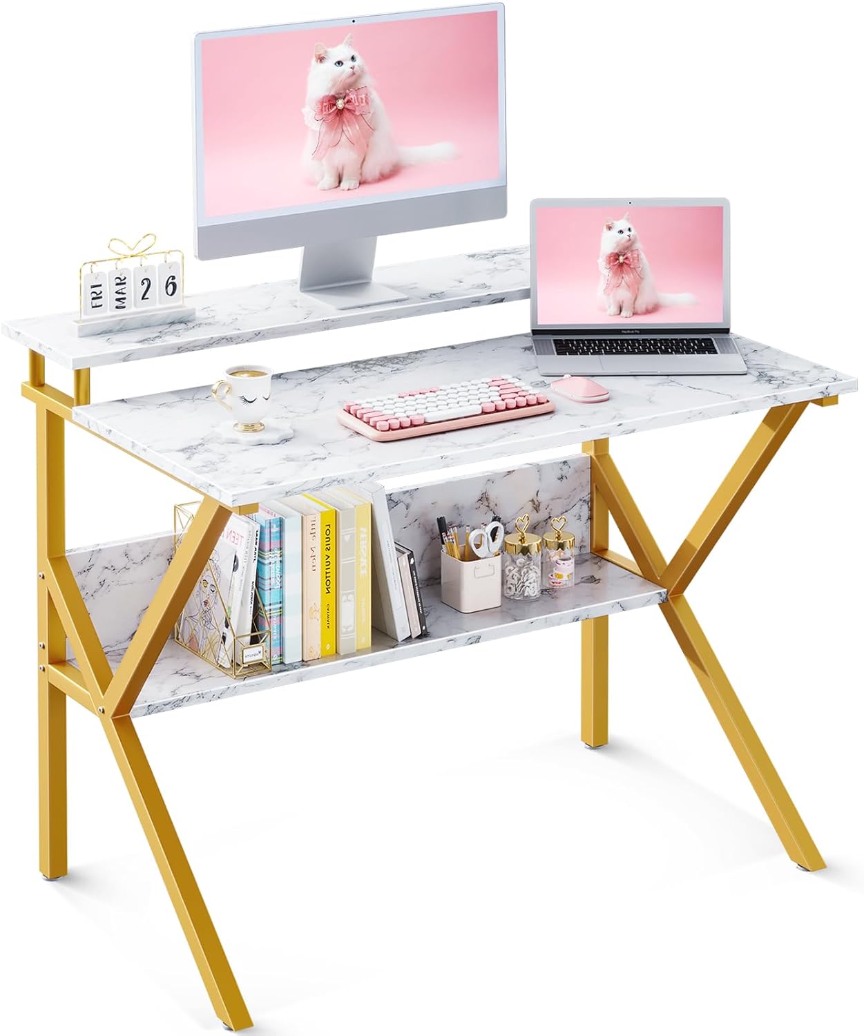 ODK Small Desk, 27.5 Inch Computer Desk for Small Spaces, Study Desk with Storage & Monitor Stand, White Marble + Gold Leg