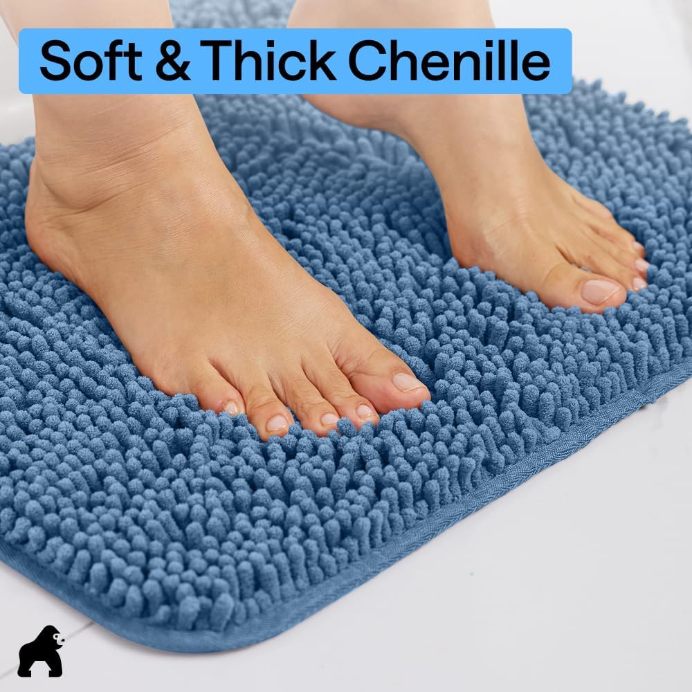 GORILLA GRIP Bath Rug Mat, Thick Soft Absorbent Chenille, Quick Dry Microfiber Mats, Rubber Backing Washable Shower Floor Rugs, US Designed Bathroom Bathmat Home Decor Accessories, 24x17, Blue