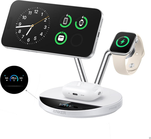 Anker Prime 3-in-1 Qi2.2 MagSafe Compatible 25W Wireless Charging Station | Smart Display with TEC Active Cooling, for iPhone 17, Apple Watch, AirPods Pro, and More (Adapter Included)