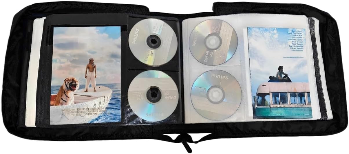 DVD CD Storage Case with Extra Wide Title Cover Pages for Blu Ray Movie Music Audio Disk (Portable Carrying Binder Holder Wallet Album Home Organizer Shelf)- Black, 192 Disk Units, 96 Booklet Pockets