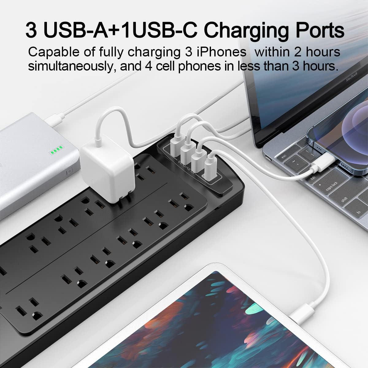 Power Strip, ALESTOR Surge Protector with 12 Outlets and 4 USB Ports, 6 Feet Extension Cord, 2700 Joules, ETL Listed, Black
