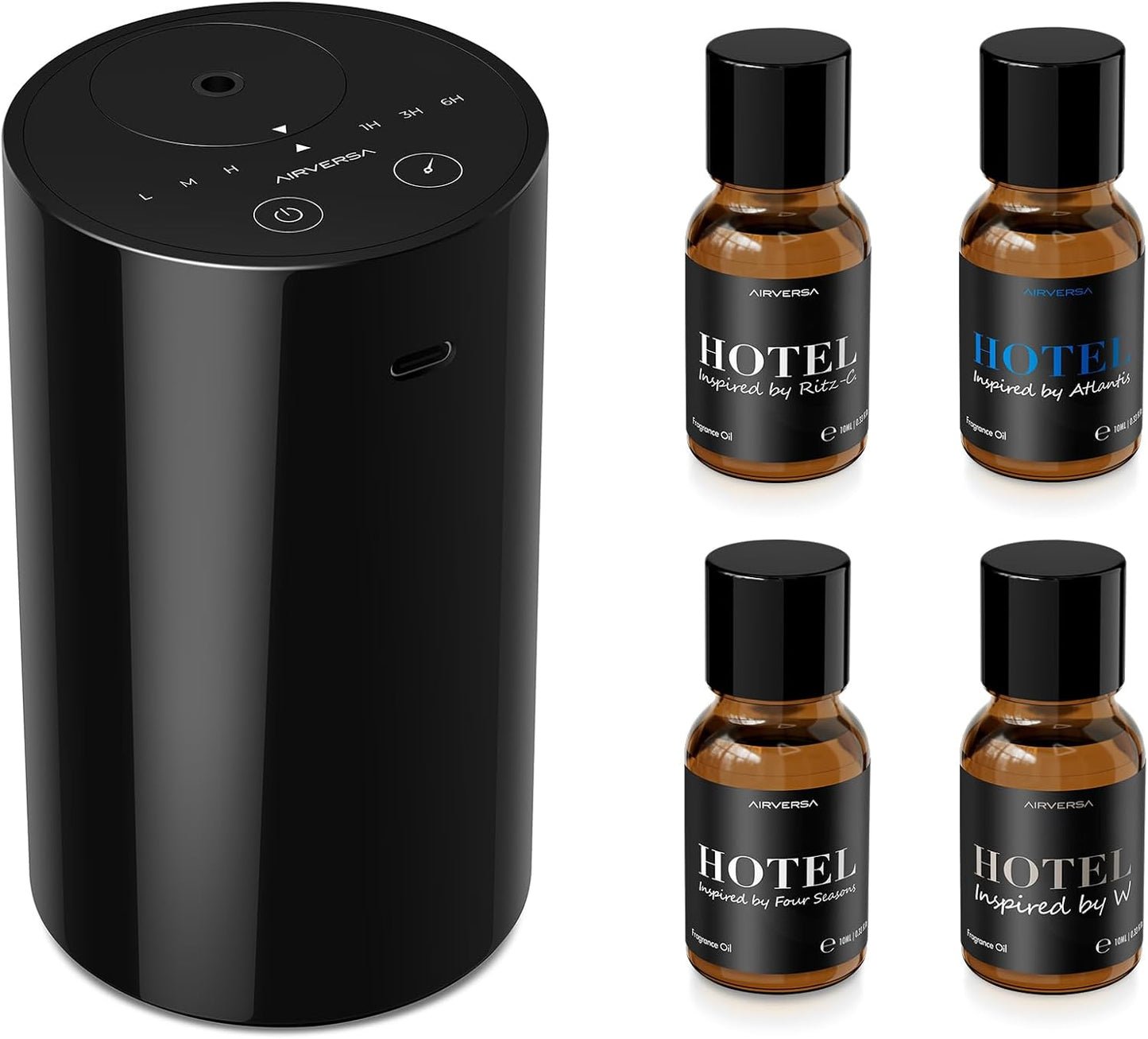 Airversa Waterless Essential Oil Diffuser Starter Kit with 4 x 10mL Hotel Scent Fragrance Oil, Battery Operated Mini Scent Air Machine Portable Diffuser for Home Car Office, AN8 Kit Black