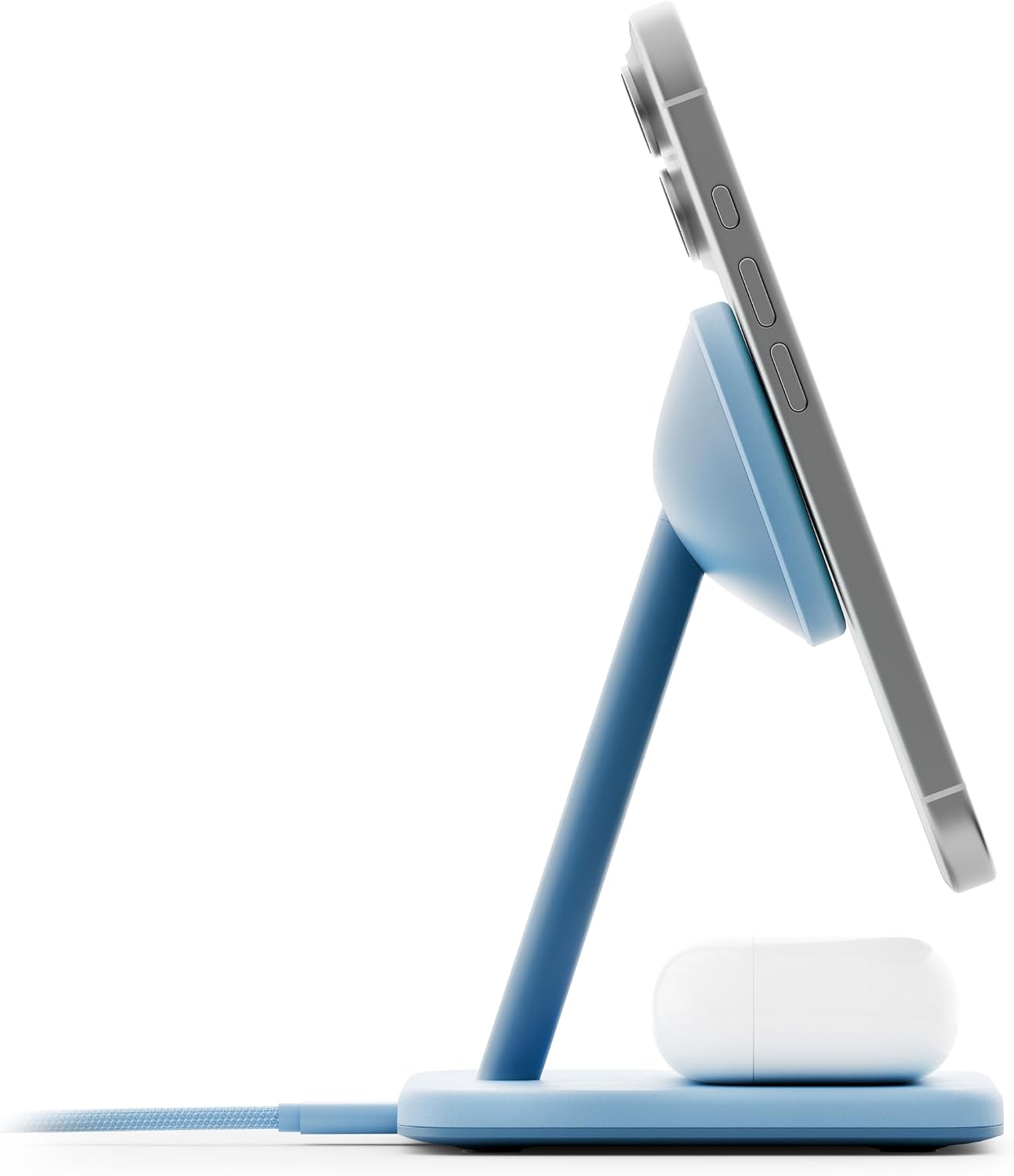 Twelve South HiRise 2 Deluxe 2-in-1 Wireless Charging Station, Glacial Blue | The Qi2 magnetic arm delivers 15W to your iPhone while the 5W base tops up AirPods Pro; tilts 70 degrees for StandBy mode.