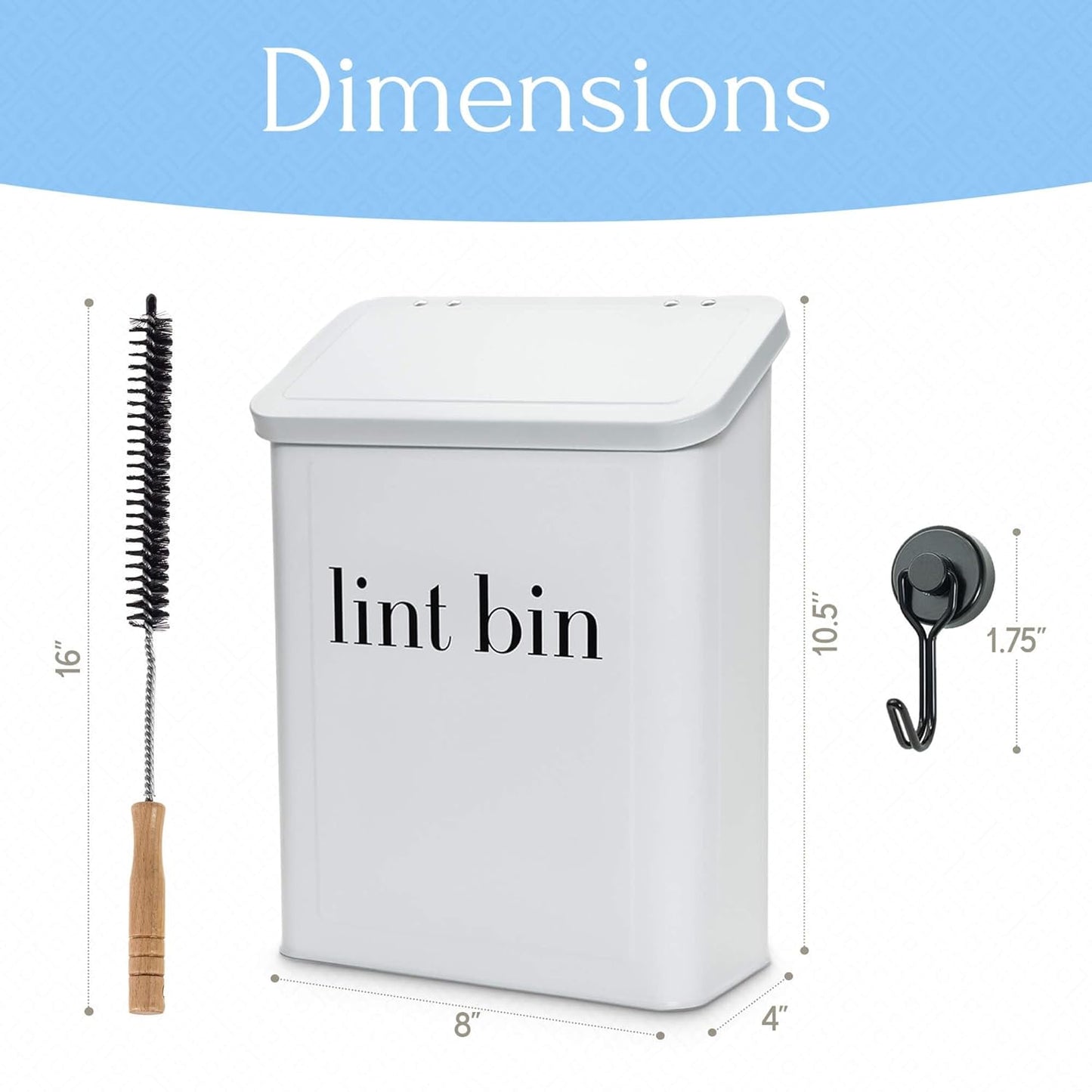 Magnetic Laundry Lint Bin for Dryer | Wall-Mounted Small Trash Can for Laundry Room | Includes Magnetic Hook & Lint Brush | Space-Saving Magnetic Laundry Trash Can | Matte White