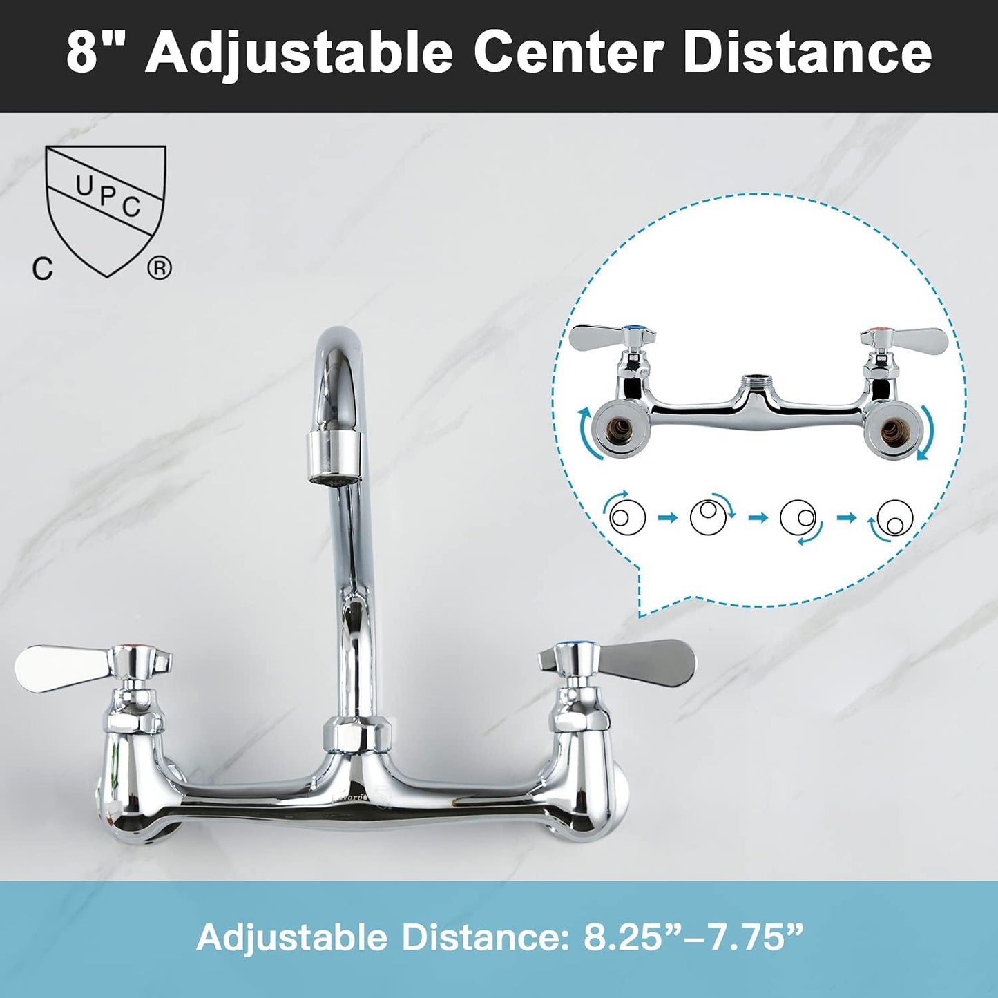Wall Mount Faucet 8 Inch Center Commercial Kitchen Faucet, 12 Inches Swivel Spout Wall Mounted Restaurant Sink Faucets 2 Handle Commercial Faucets for Laundry Utility(Polished,12")