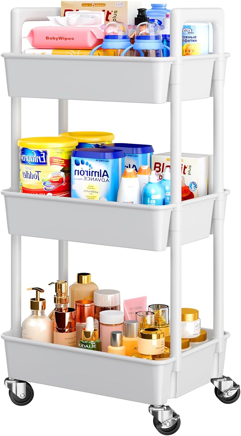 Pipishell 3 Tier Rolling Cart Organizer, Plastic Rolling Cart with Lockable Wheels & Reinforced Handle, Lightweight Utility Storage Cart for Nursery, Kitchen, Craft Room, Pink