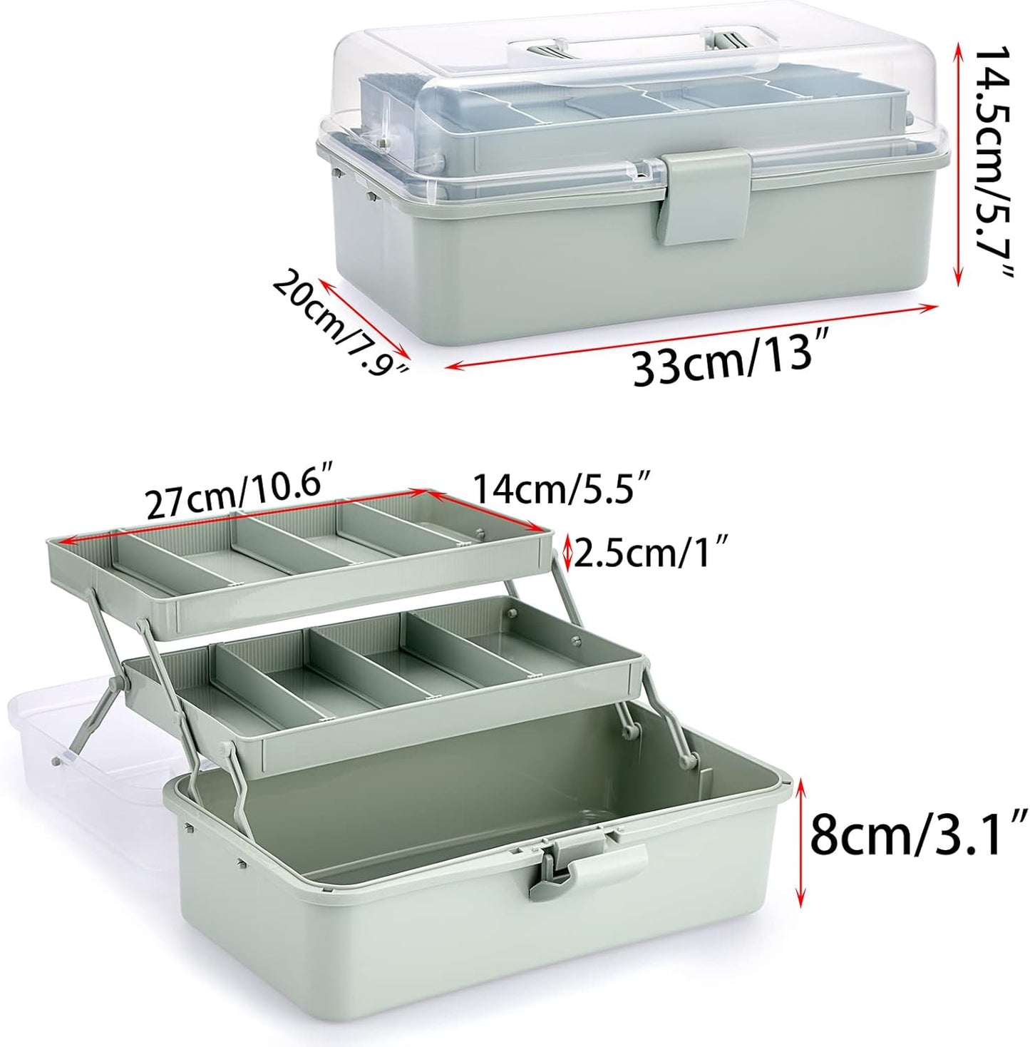 BTSKY 3-Layer Plastic Dividing Storage Box Craft Organizer and Storage with Adjustable Spacers Portable Handled Art Supply Organizer Multipurpose Home Utility Box for Medicine Sewing(Haze Green)