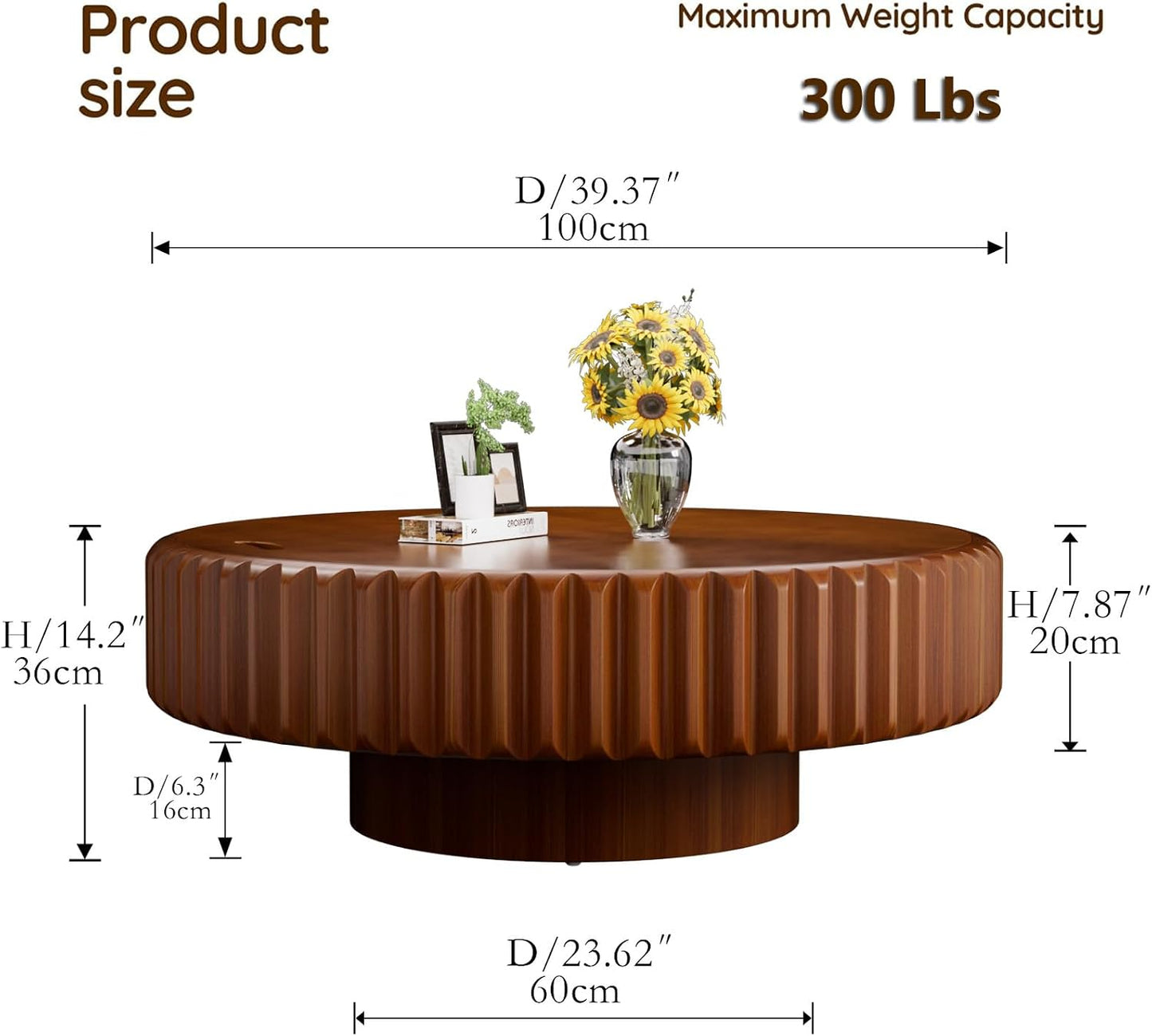 39.37'' Round Fluted Coffee Table with Storage (A39.37IN) | Handcrafted Wood Grooves, Wood Veneered Drum Center Table, Non-Slip Base, for Small Space Apartment Living Room