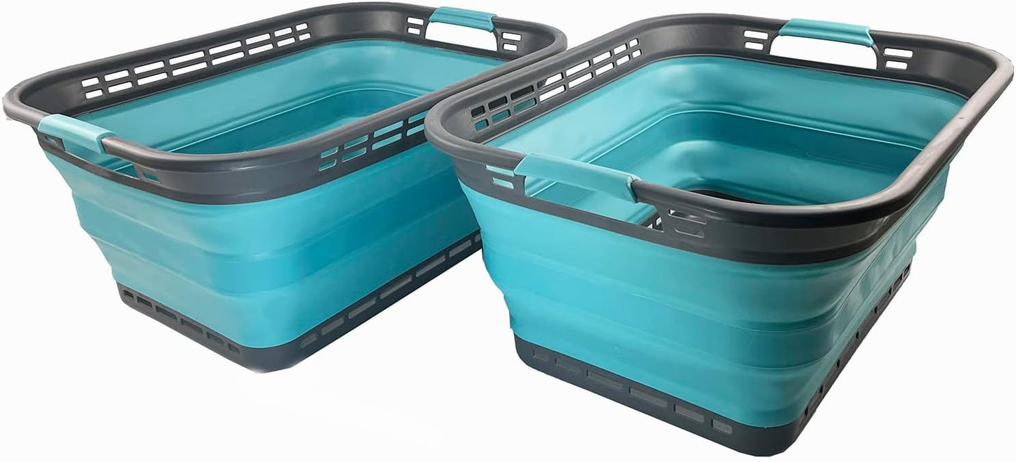 SAMMART 42L (11 Galloons) Collapsible Plastic Laundry Basket - Foldable Pop Up Storage Container/Organizer - Portable Washing Tub - Space Saving Hamper/Basket[BPA Free] (Grey/Crystal Blue (Set of 2))
