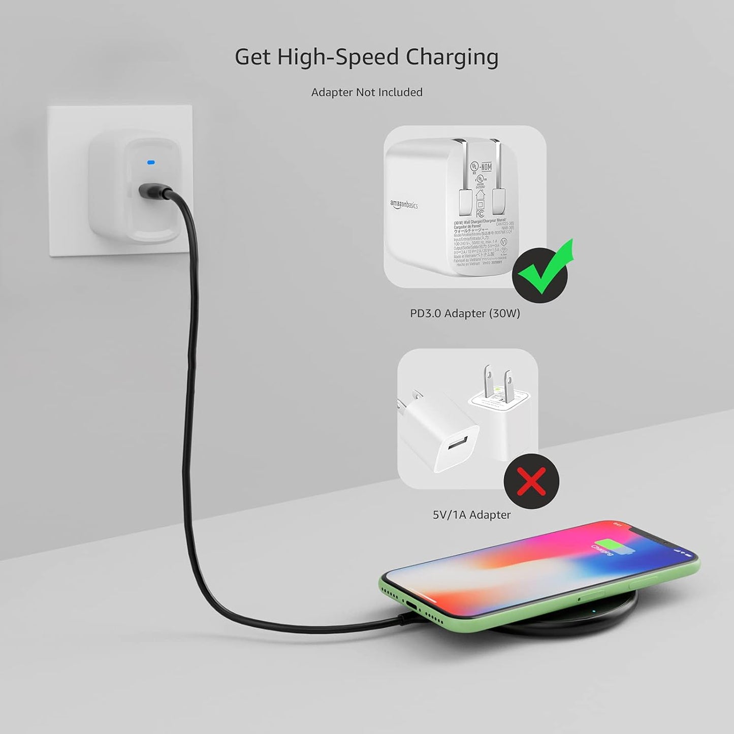 Amazon Basics Wireless Charger, 15W Qi Certified Wireless Charging Pad with USB Cable, Compatible with iPhone 15/14/13/12/11/X, Samsung & LG, Case Compatible, Black