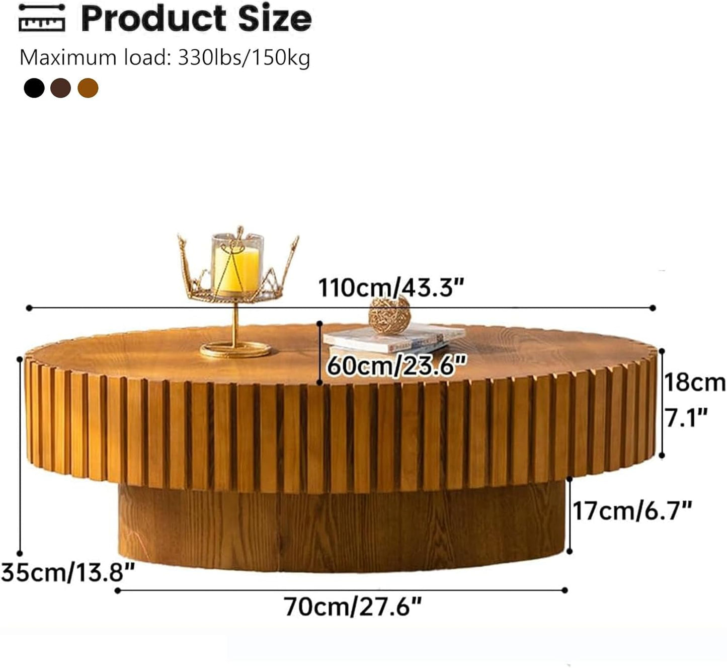 43.3" Oval Coffee Table for Living Room (Wood) | Oval Drum Fluted Coffee Table, Modern Handcrafted Fluted Drum Coffee Tables for Living Room