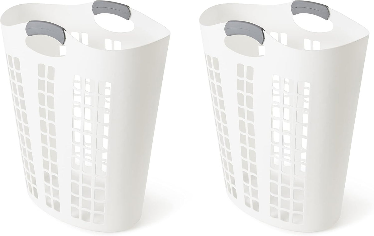 Gracious Living 2 Pack Easy Carry Flex Hamper, Large 87.5L Laundry Basket | Lightweight Plastic Ventilated Clothes Bin with Handles, White