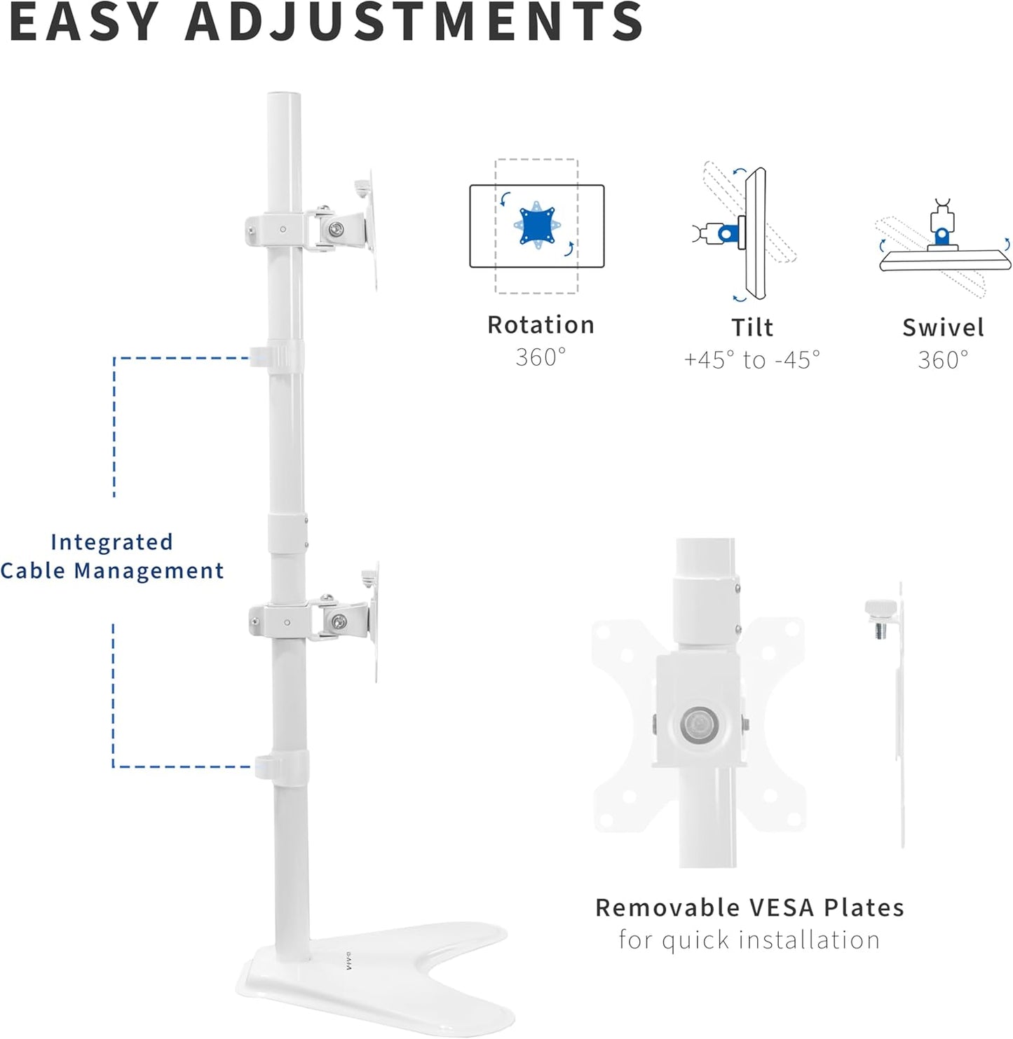 VIVO Dual Monitor Desk Stand Free-Standing LCD Mount, Holds in Stacked Vertical Position 2 Ultrawide Screens up to 34 inches, White, STAND-V002LW