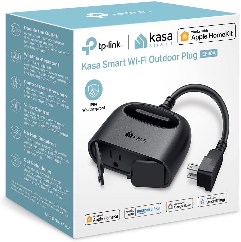 Kasa Outdoor Smart Plug, Smart Home Wi-Fi Outlet with 2 Sockets, IP64 Weather Resistance, Compatible with Alexa, Google Home & IFTTT, No Hub Required, ETL Certified(EP40), Black