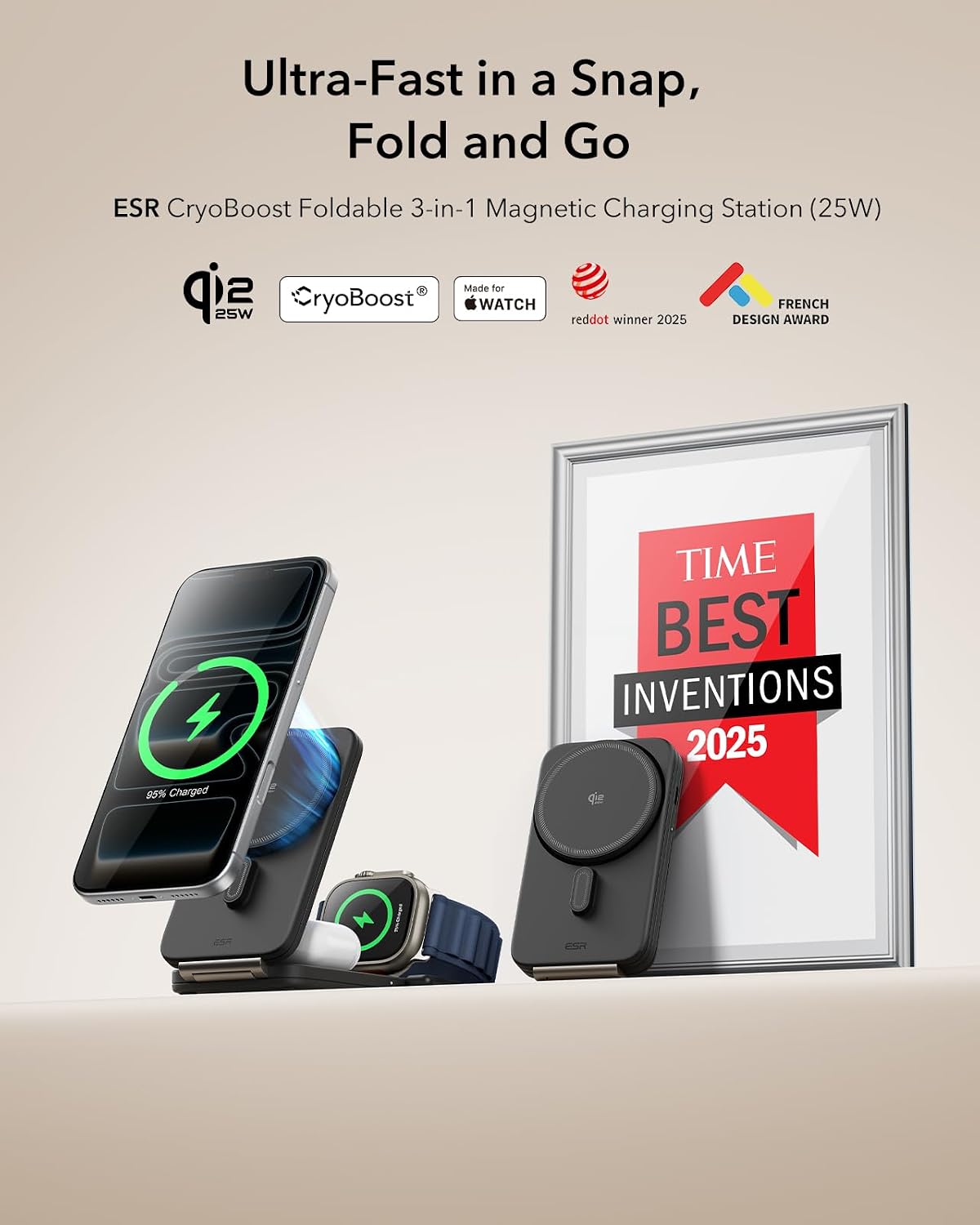 ESR 3 in 1 Charging Station, Qi2.2 Certified for iPhone 17/16 with iOS 26 | 25W Foldable Wireless Charger Stand w/Cryoboost,Phone Cooling Fast Charging Dock,for AirPods & Apple Watch,50W Adapter, Black