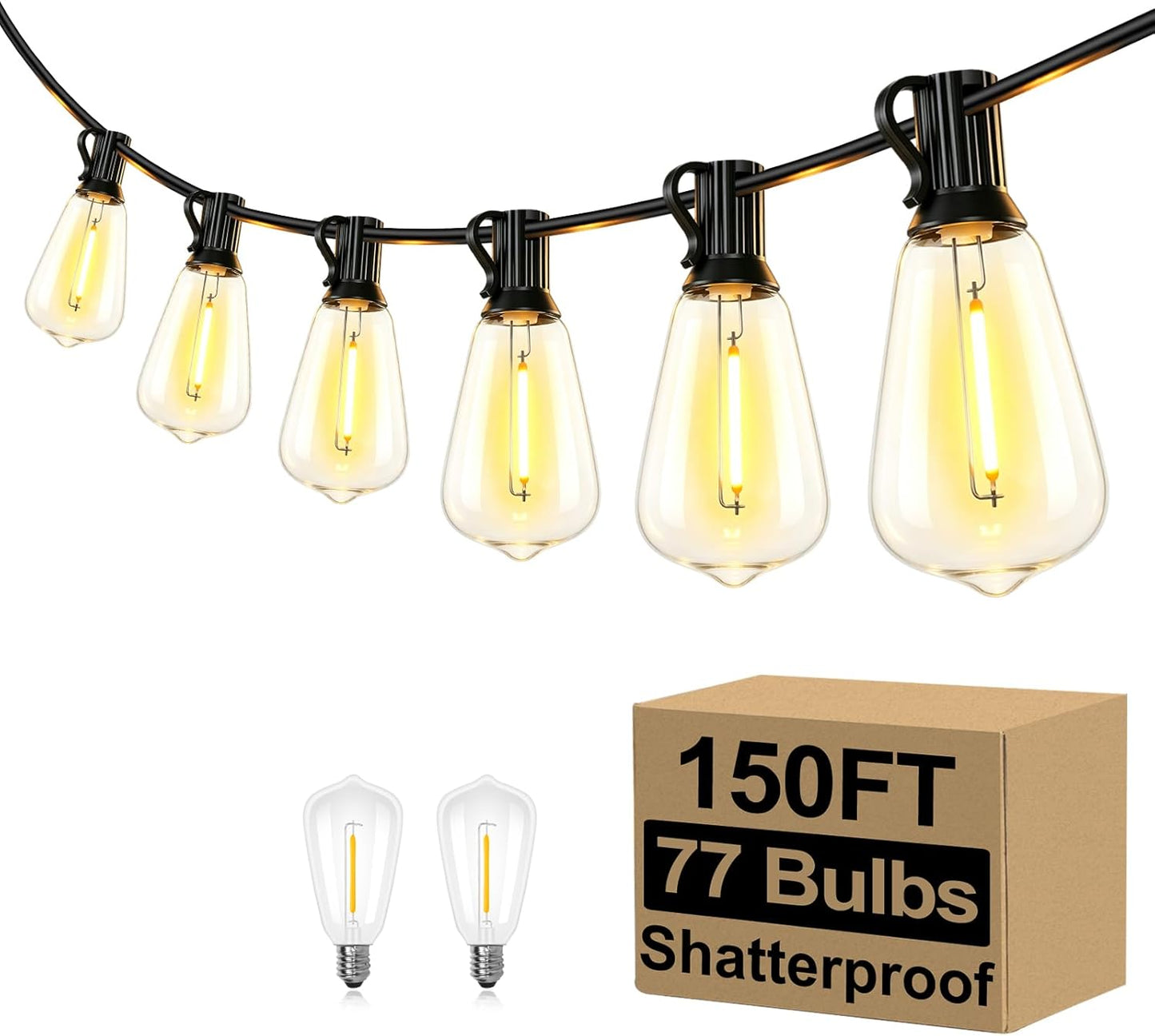 Brightever LED Outdoor String Lights 100FT Patio Lights with 52 Shatterproof ST38 Vintage Edison Bulbs, Outside Hanging Light Waterproof for Porch, Deck, Garden, Backyard, Balcony, 2700K Dimmable