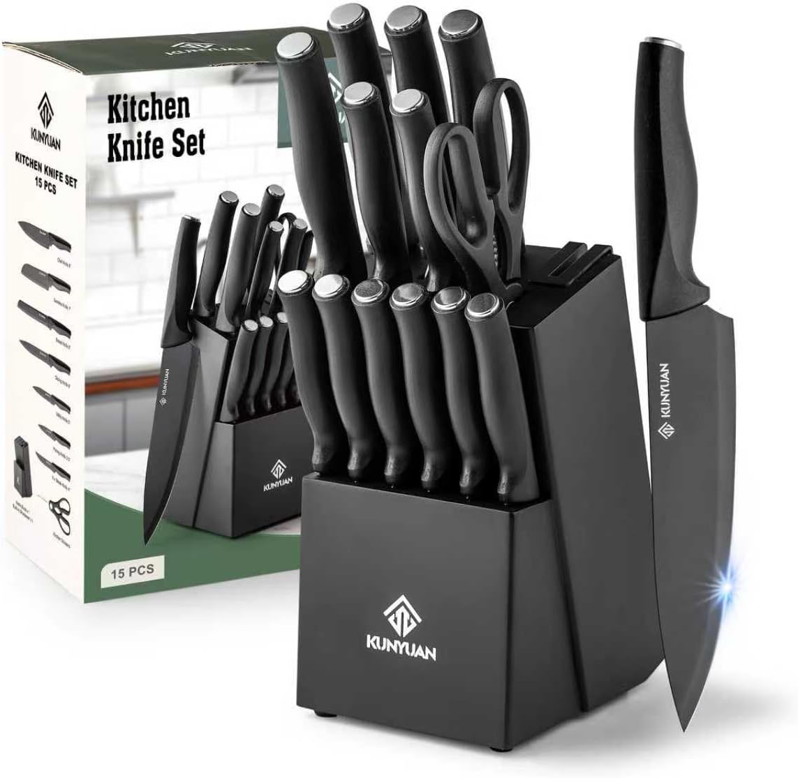 Knife Set, KUNYUAN 15 pieces Knife Sets for Kitchen,High Carbon German Stainless Steel Knife Block Set with Built in Sharpener Block,Dishwasher Safe Kitchen Knives, White