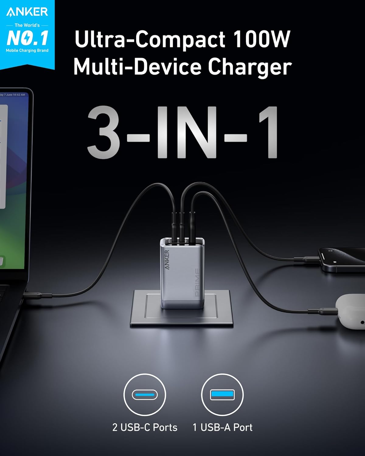 Anker Prime Charger, 100W 3-Port GaN USB C Charger Block, Fast Charging wall Charger, Foldable and Compact for MacBook, iPad, iPhone 17 Series, Galaxy S24/S23, and More