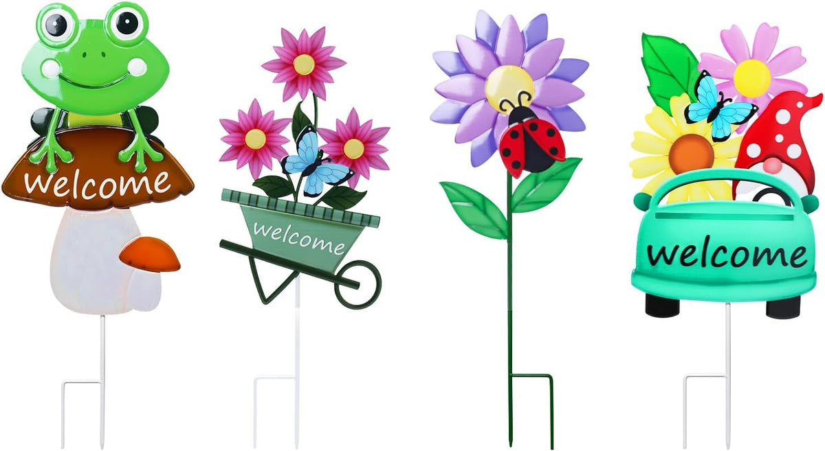 WONDER GARDEN Outdoor Garden Stakes Welcome Decor, 4Pcs Flower Yard Signs
