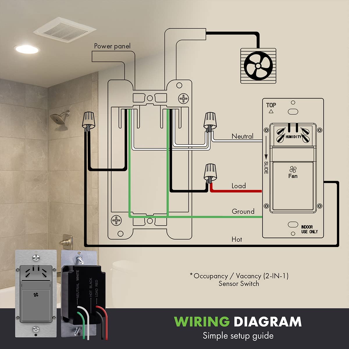 TOPGREENER Humidity Sensor Switch for Ventilation Fan, Air Moisture Detection, Bathroom Fan Automated Control, Neutral Wire Required, UL Listed, TDHS5, Gray