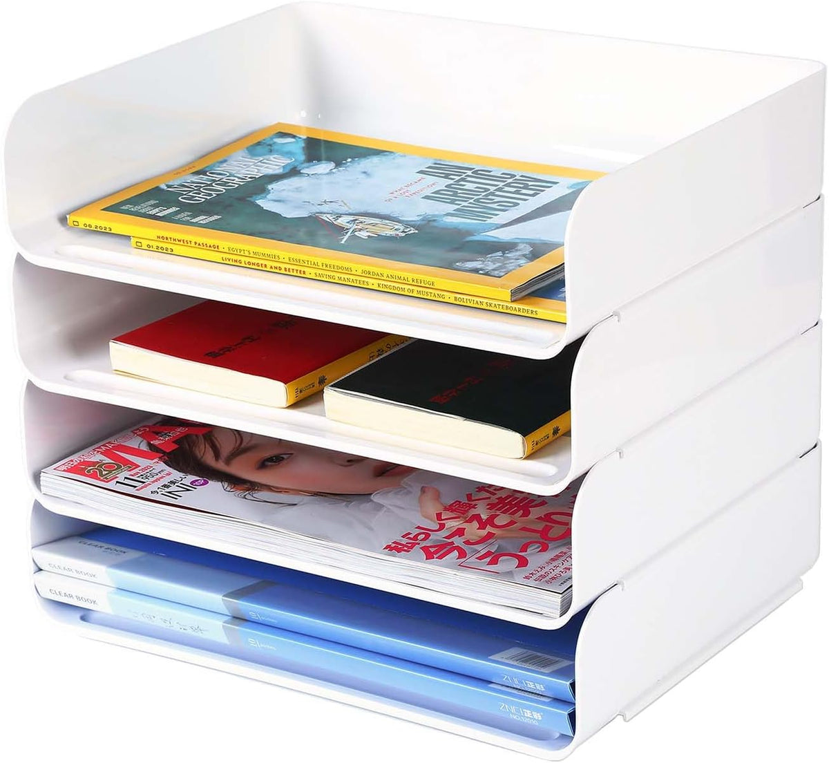 4 Tiers Stackable A4 Paper Trays, Office Desk File Holder, Tidy File Document Letter Book Paper Organizer (4 Tiers,White)